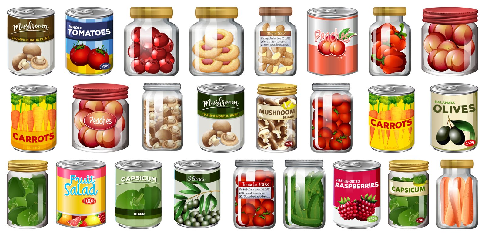 Set of different canned food and food in jars isolated food